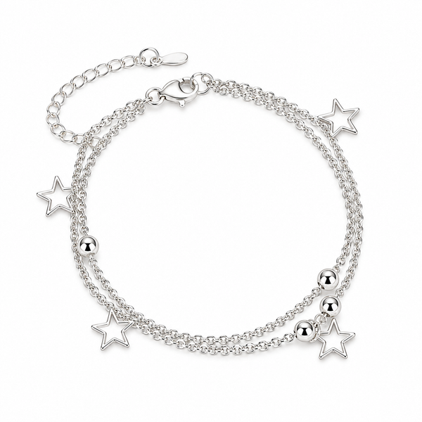 Pulsera 925 doble estrellas en detalle sobre fondo blanco