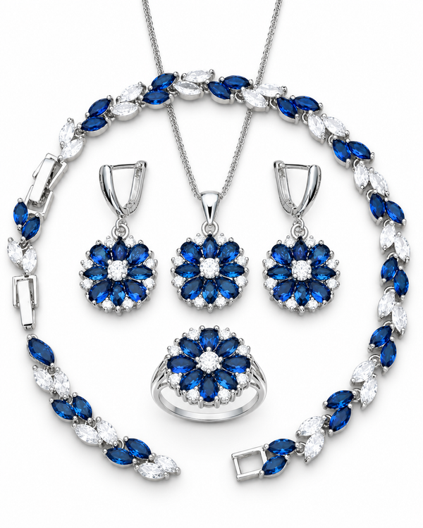 Set completo floral azul de plata sobre fondo blanco